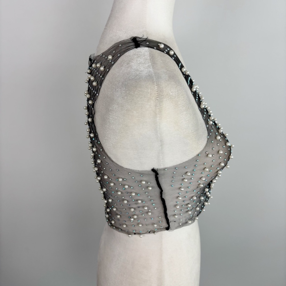 Beach Bunny Glitzy Girl Mesh Pearl Top & Skirt Set in Black Size S - Picture 5 of 15